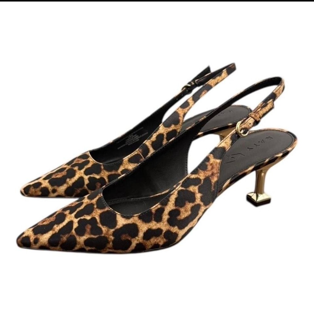 Leopard print size 7.5 satin gold kitten heel slingback pumps NEW Katy Perry NIB